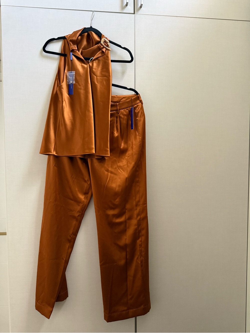 Women’s Satin Wide-Leg Pantsuit- Burnt Orange Satin